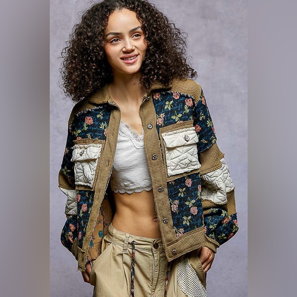 POL Jackets & Blazers - NEW POL Indigo Quilted Floral Patchwork Jacket Boho Shacket Oversized Size Small